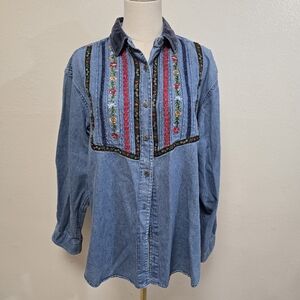 Vintage Embroidered Boho Button Down Blouse Size Large